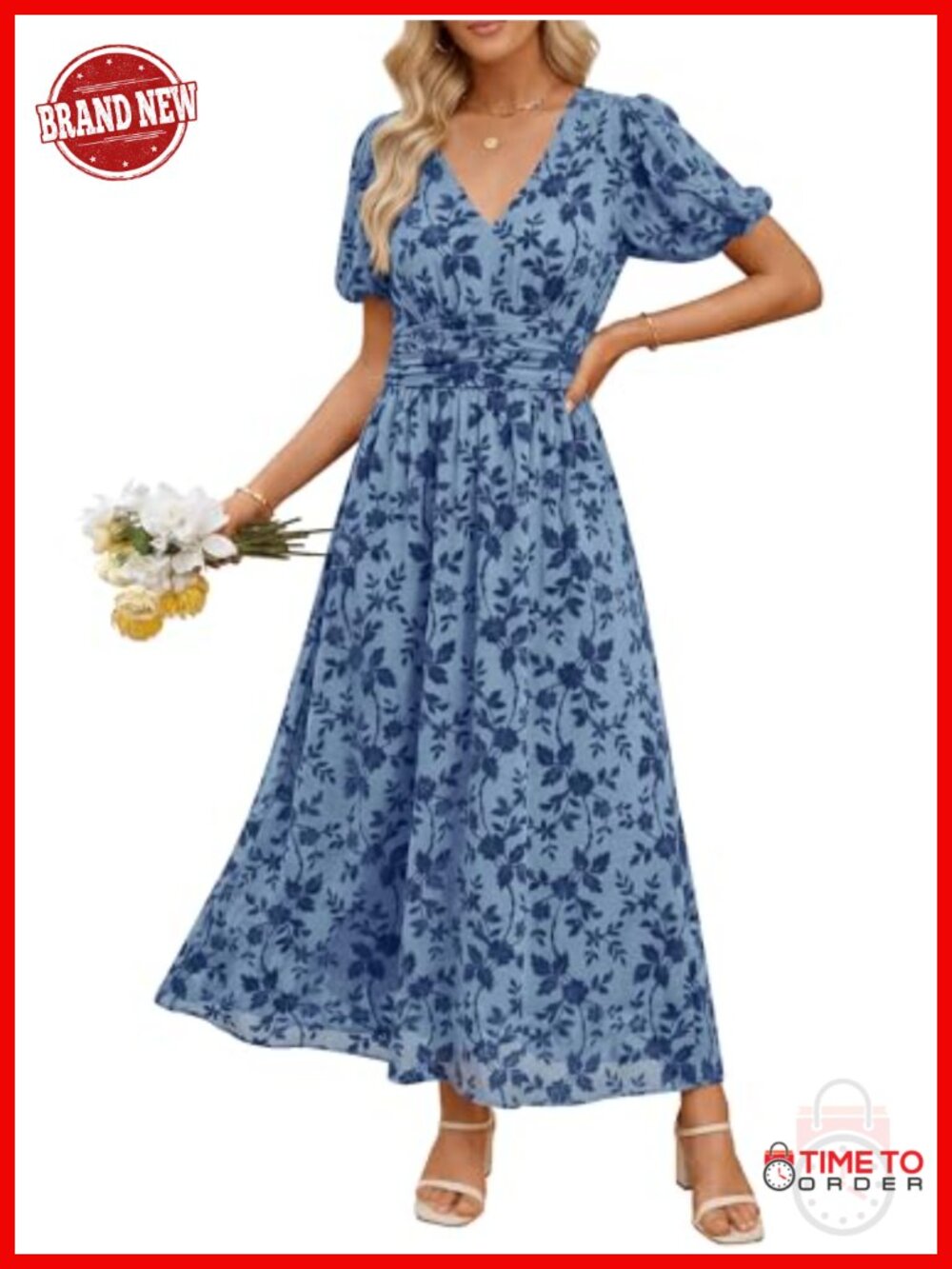 Women Floral Mesh Formal Maxi Dress V-Neck Puff Sleeve Wedding Guest